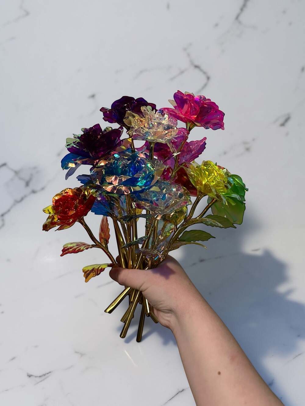 Galaxy Rose Artificial Flowers Bouquet Iridescent Crystal Roses with Gold Stems